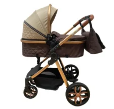 Carucior 3 in 1 Bubu-Still Sun, din aluminiu, maner reversibil si cos auto material dublu, geanta inclusa,bej